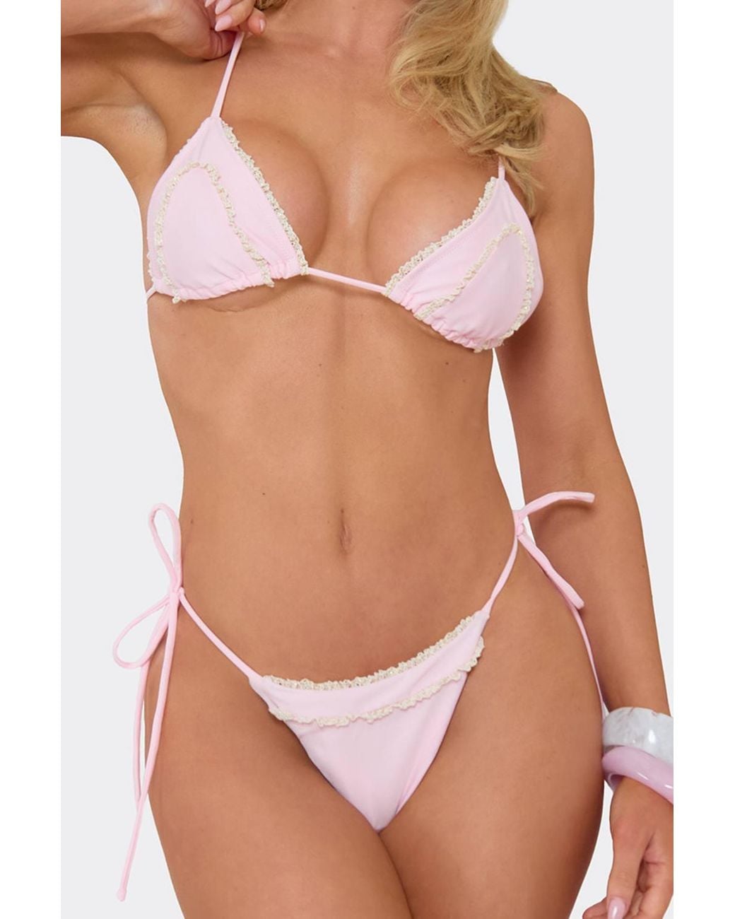 EGO Pink Triangle Tie Lace Trim Floral Bikini Set
