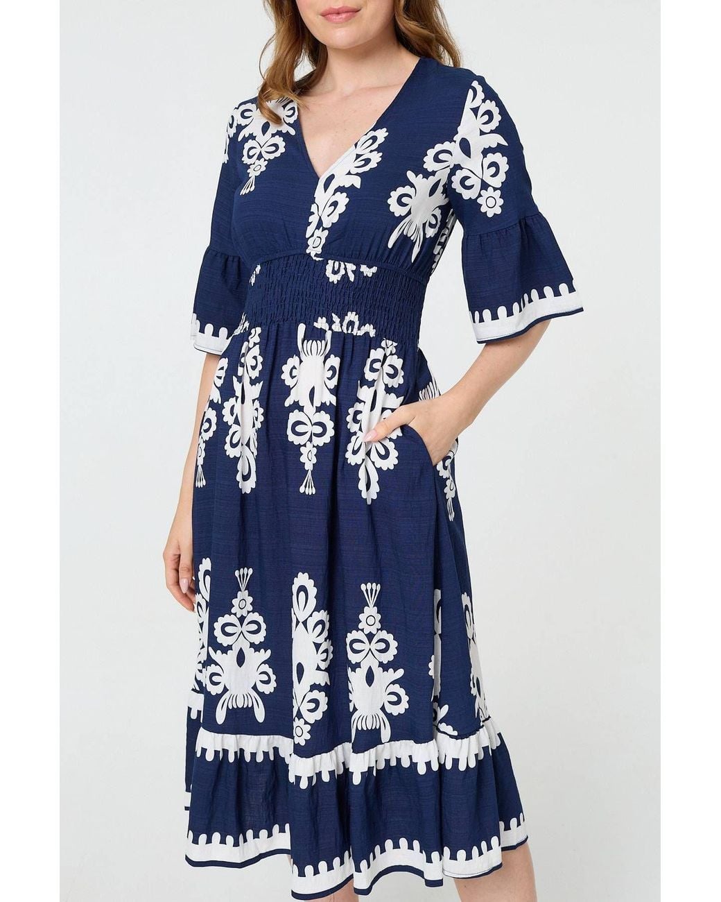 Izabel London Blue Ikat Print 1/2 Flared Sleeve Midi Dress