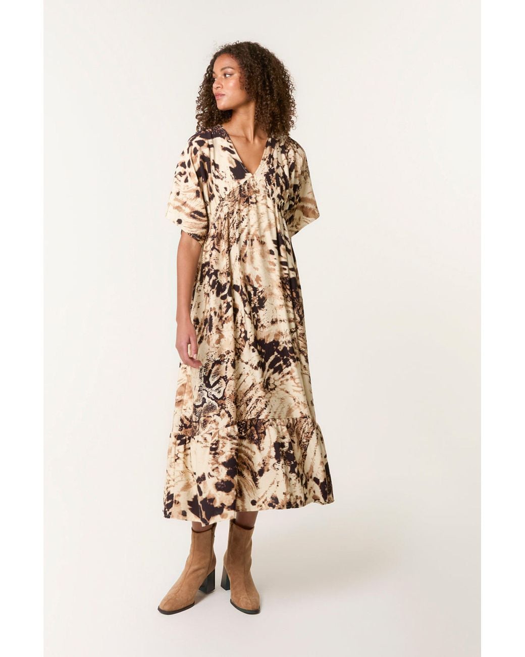Blue Vanilla Natural Shirred Waist Short Sleeve V-Neck Maxi Dress