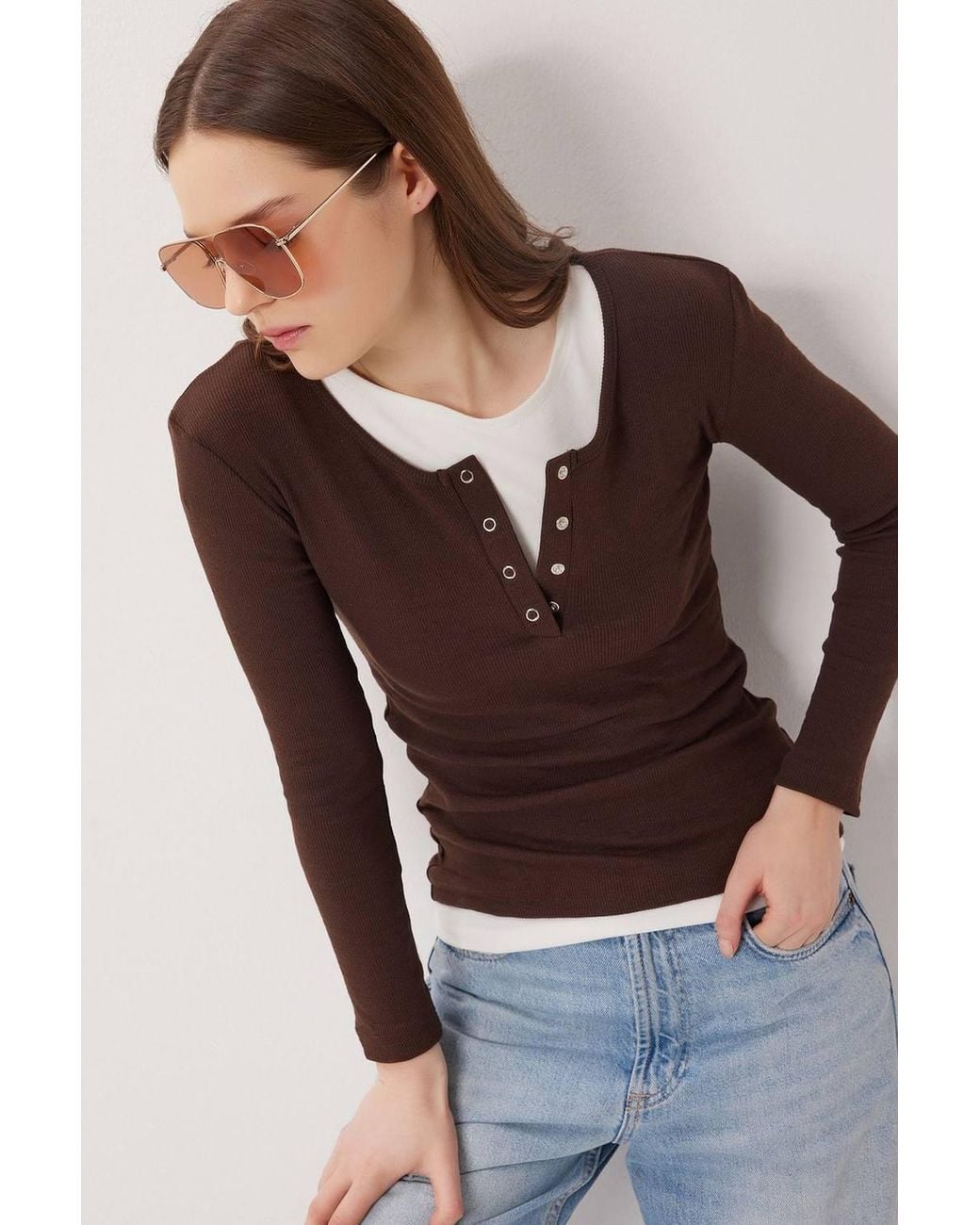 Happiness İstanbul Brown Slim Fit Ribbed Button-Up Long Sleeve Blouse