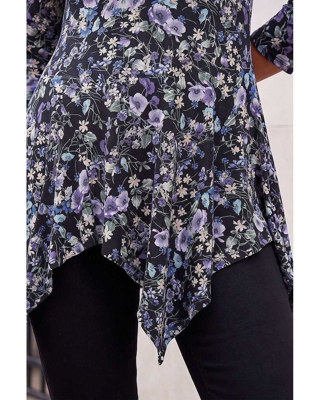 Roman Blue Floral Print Asymmetric Stretch Top