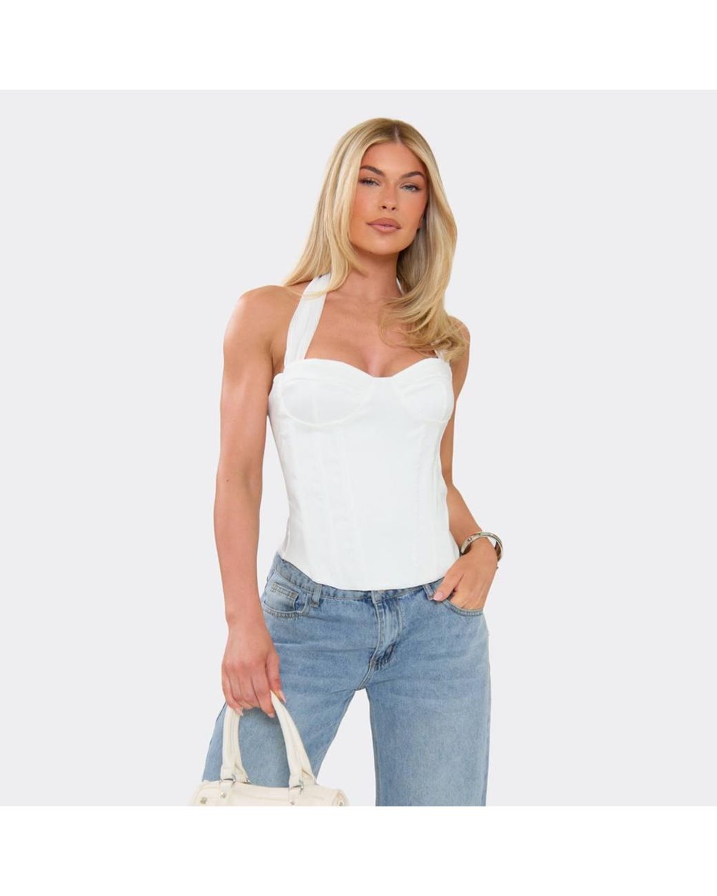 EGO White Corset Style Strappy Halter Neck Contrast Contrast Chiffon Corset Top