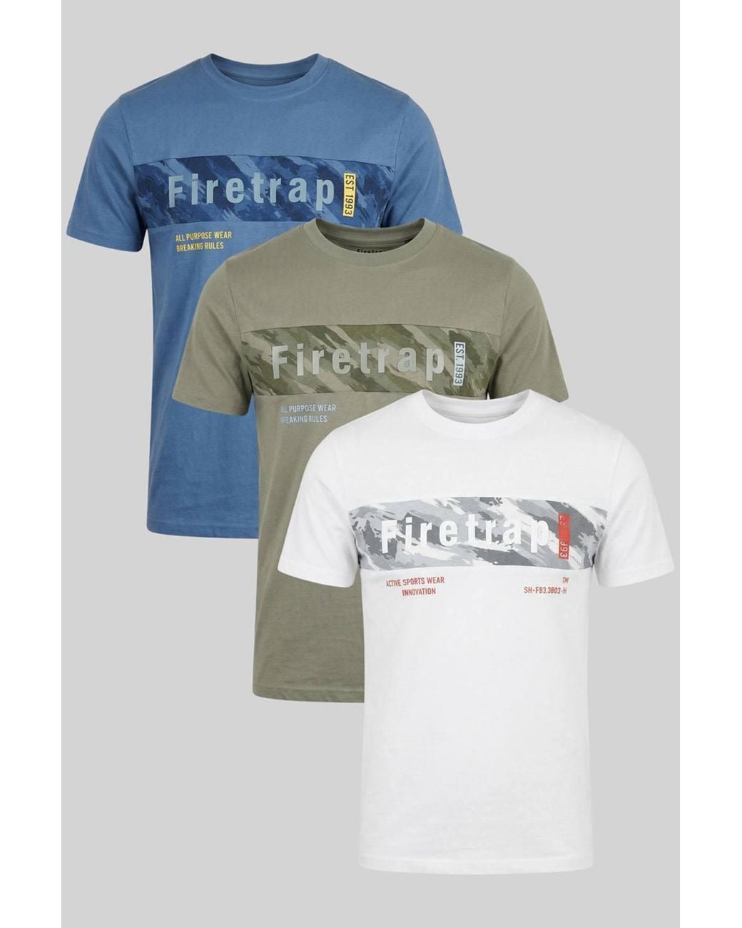 Firetrap Blue 3 Pack Regular Fit Cotton Graphic Crew Neck T-Shirts for men