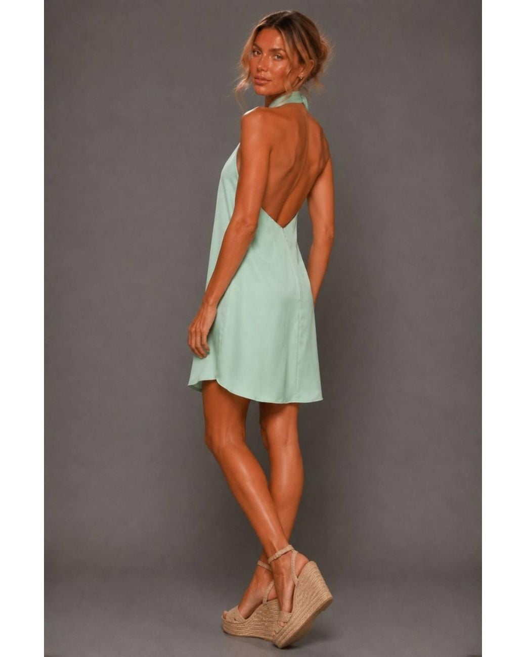 Vesper Gray Twist Neck Low Back Mini Dress