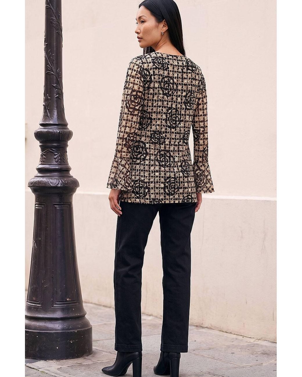 Roman Brown Floral Printed Lace Stretch Top