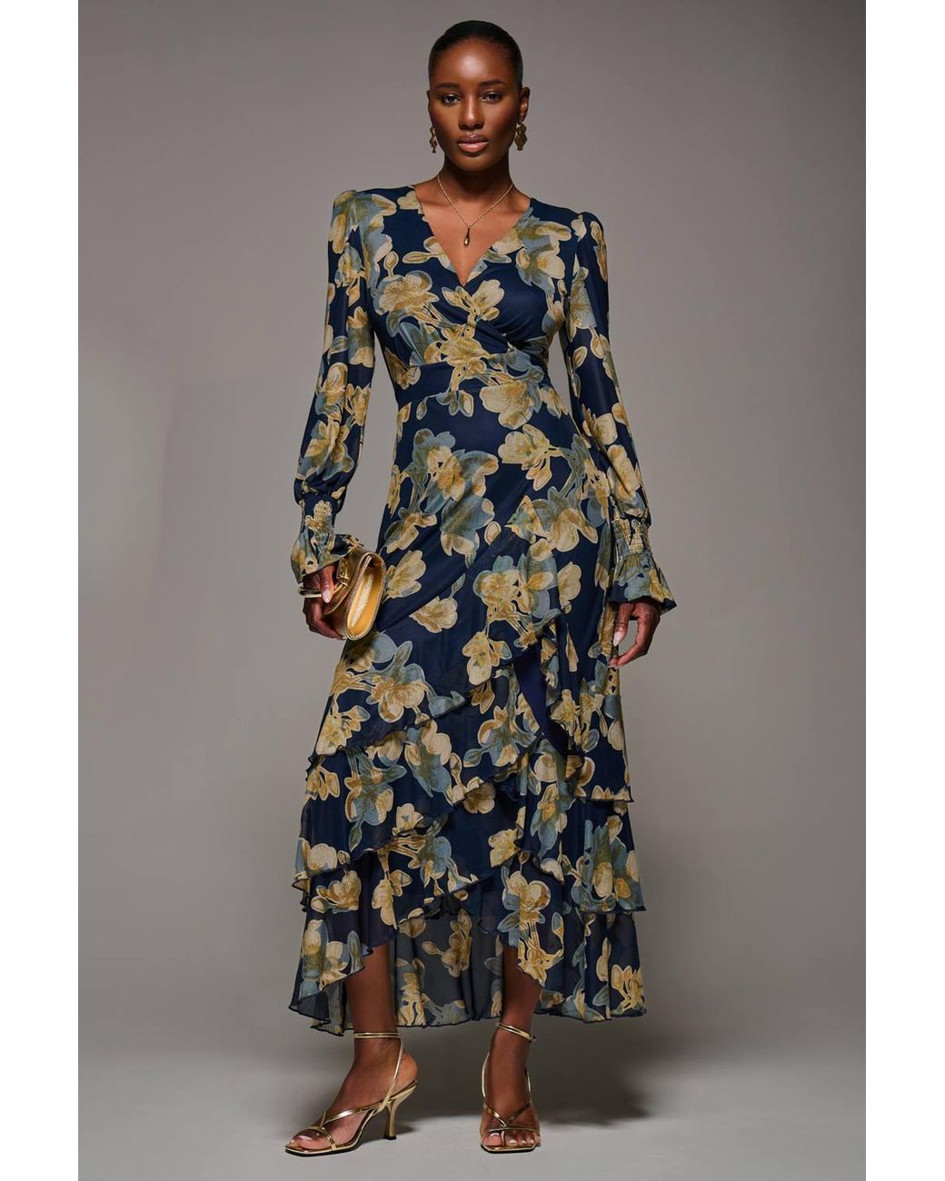 Jolie Moi Gray Long Sleeve Ruffle Hem Mesh Maxi Dress
