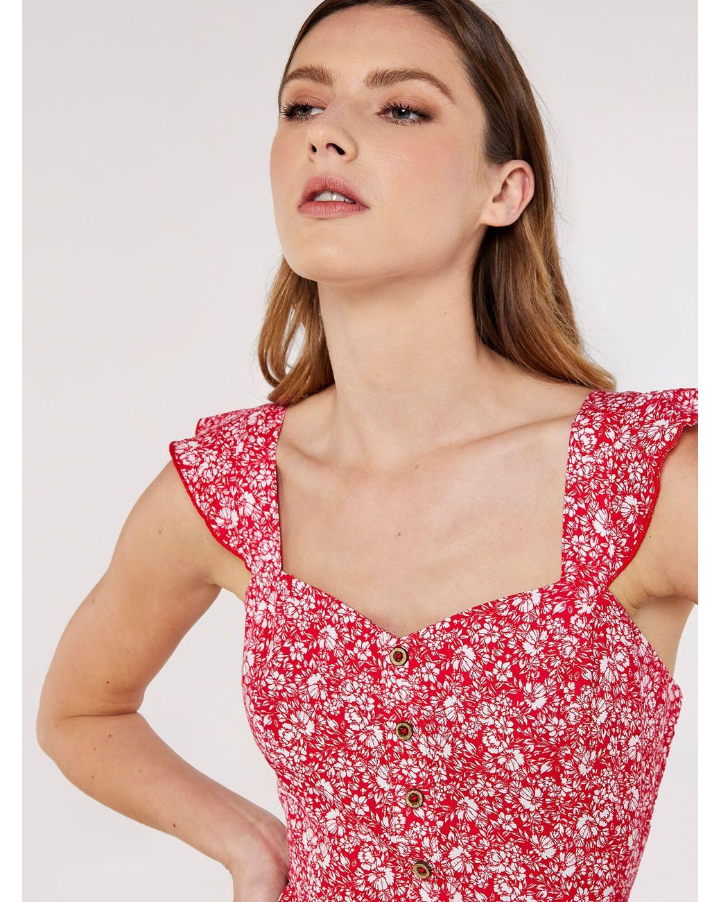 Apricot Pink Ditsy Floral Tiered Midi Dress