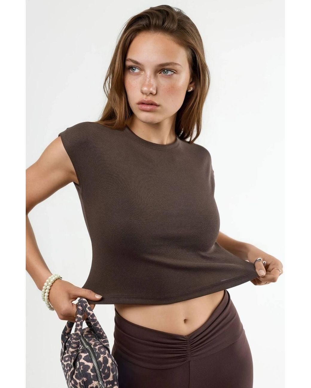 Busem Brown Cropped Modal Cotton Blend Sleeveless Top