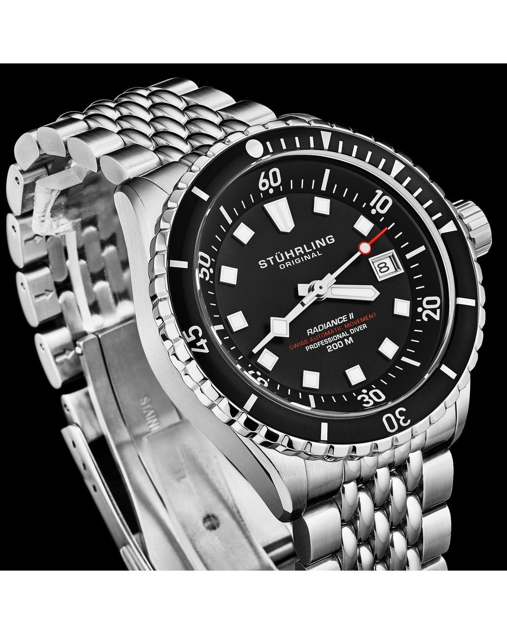 Stuhrling Metallic Swiss Automatic Depthmaster Radiance Diver Watch Stainless Steel Case W/ Rotating Unidirectional Bezel & Stainless Steel for men