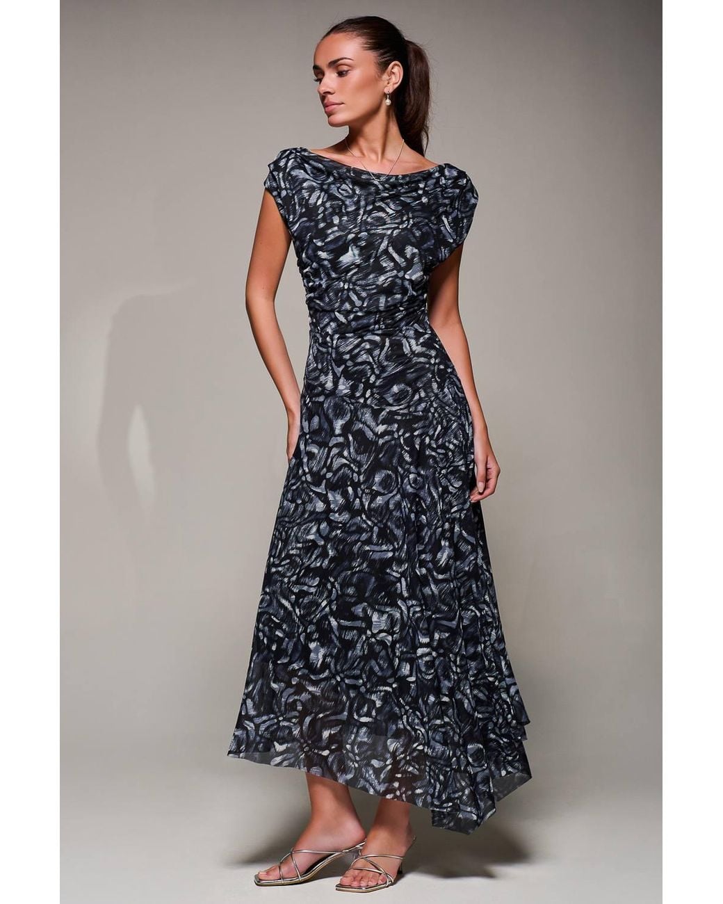 Jolie Moi Blue Mesh Asymmetrical Draped Maxi Dress