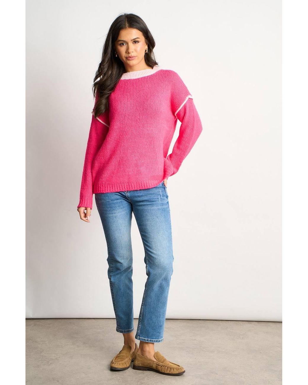 SARTA Pink Contrast Stitch Italian Wool Blend Jumper