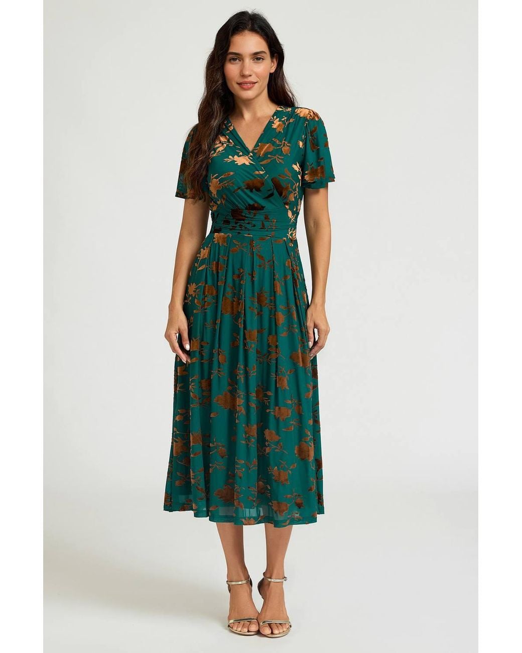 FS Collection Green Velvet Flock Short Sleeve Midi Dress