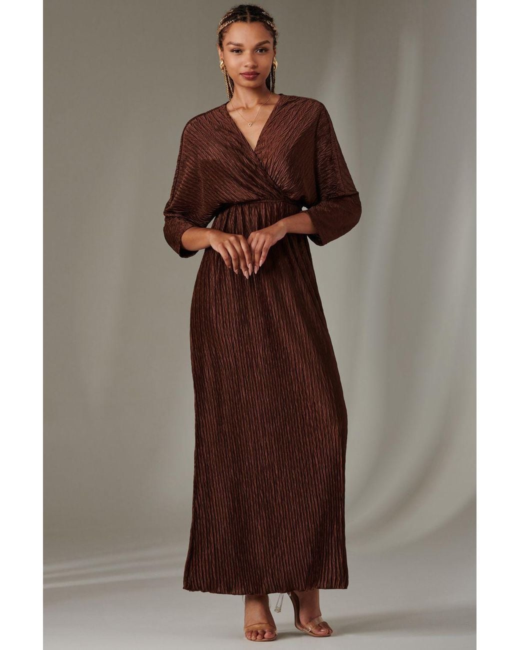 Jolie Moi Brown Ruffle Hem Chiffon Midi Dress