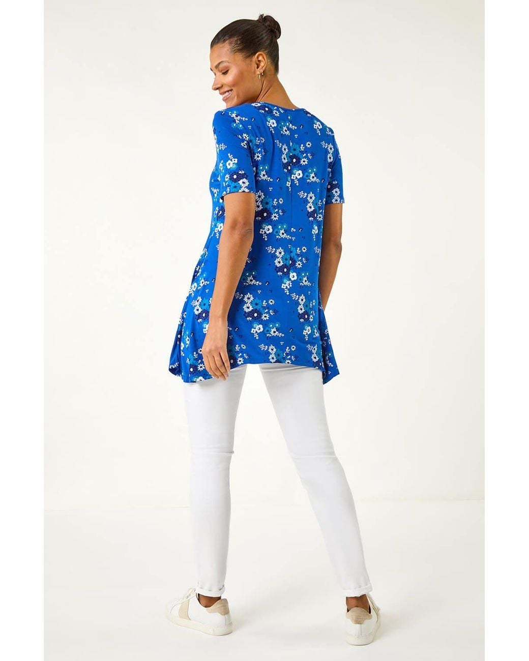 Roman Blue Floral Print Hanky Hem Tunic Top