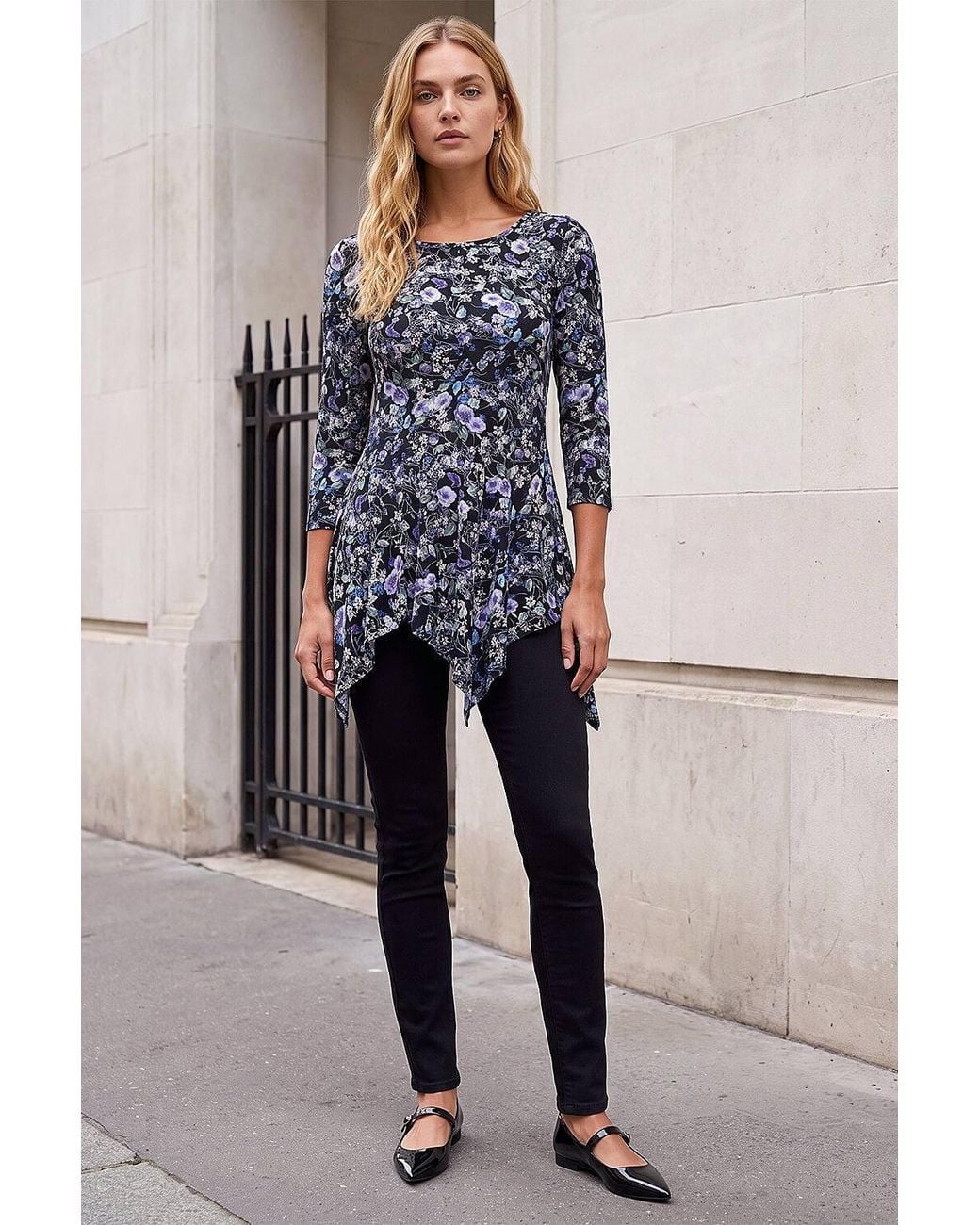 Roman Blue Floral Print Asymmetric Stretch Top
