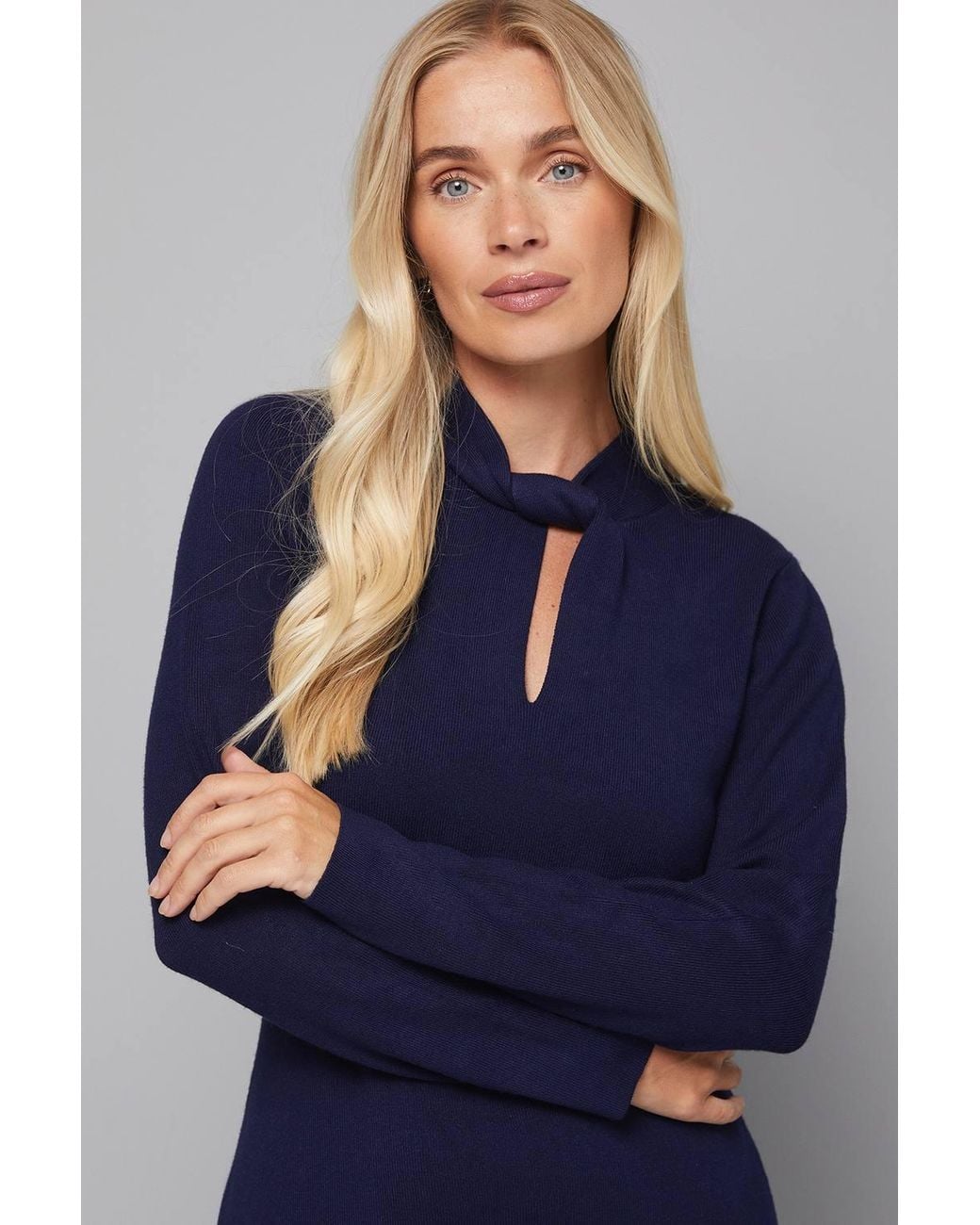 Wallis Blue Petite Twist Neck Keyhole Knitted Dress
