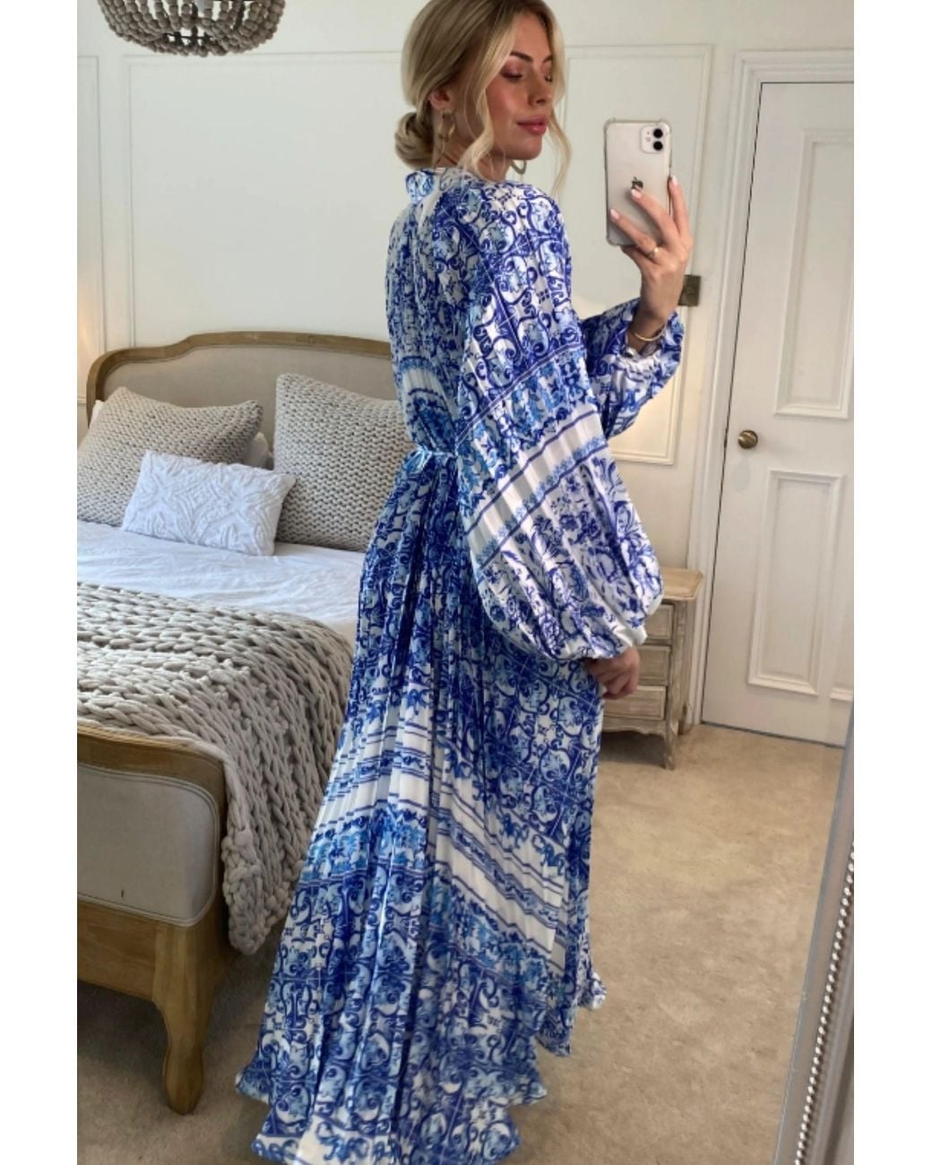 CY Blue Monochrome Scarf Print Pleated Long Shirt Dress