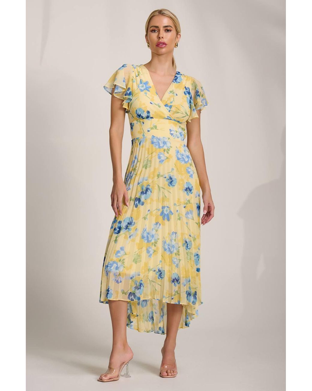 Jolie Moi Metallic Cap Sleeve Pleated Chiffon Maxi Dress
