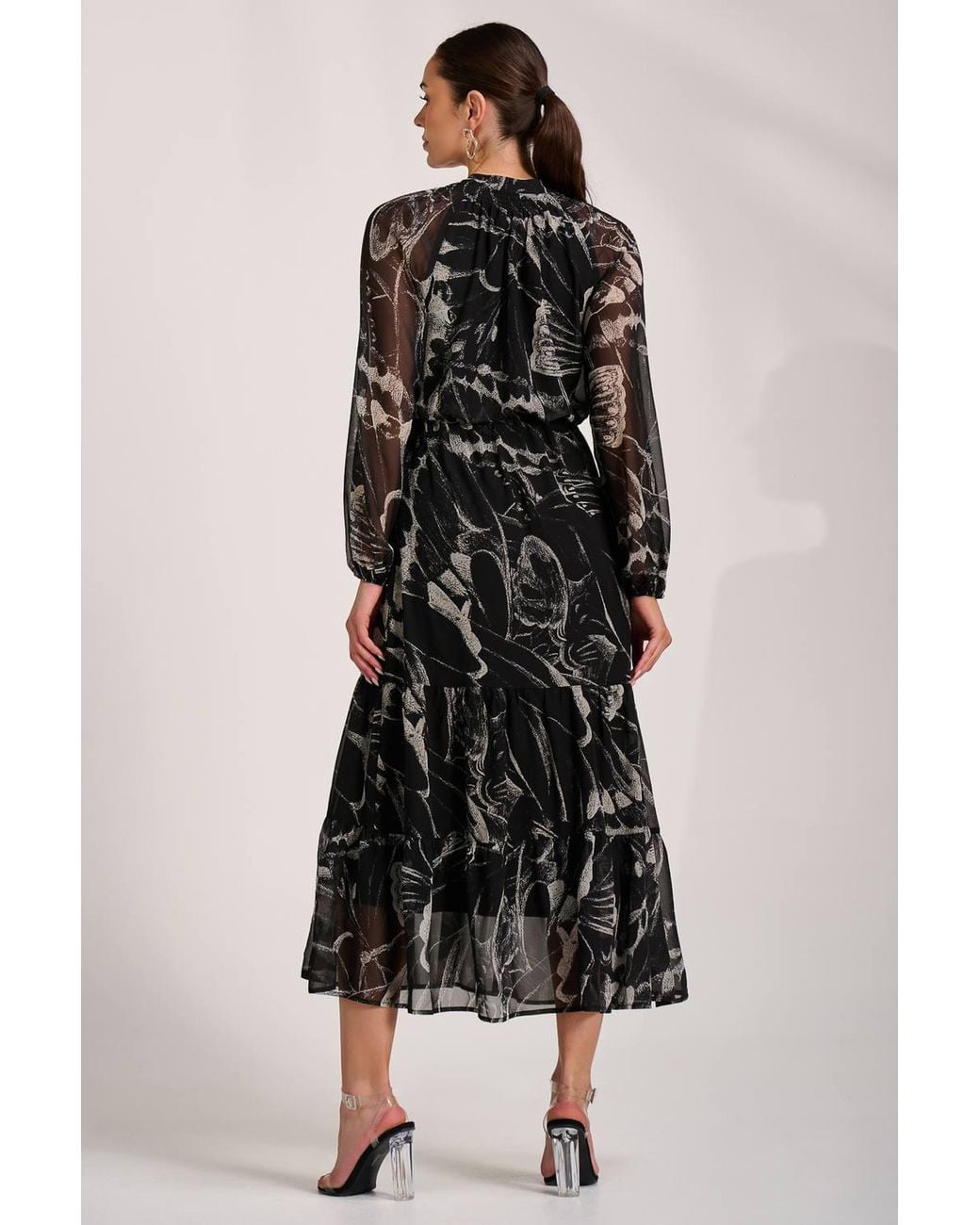 Jolie Moi Black Chiffon Long Sleeve Tiered Maxi Dress