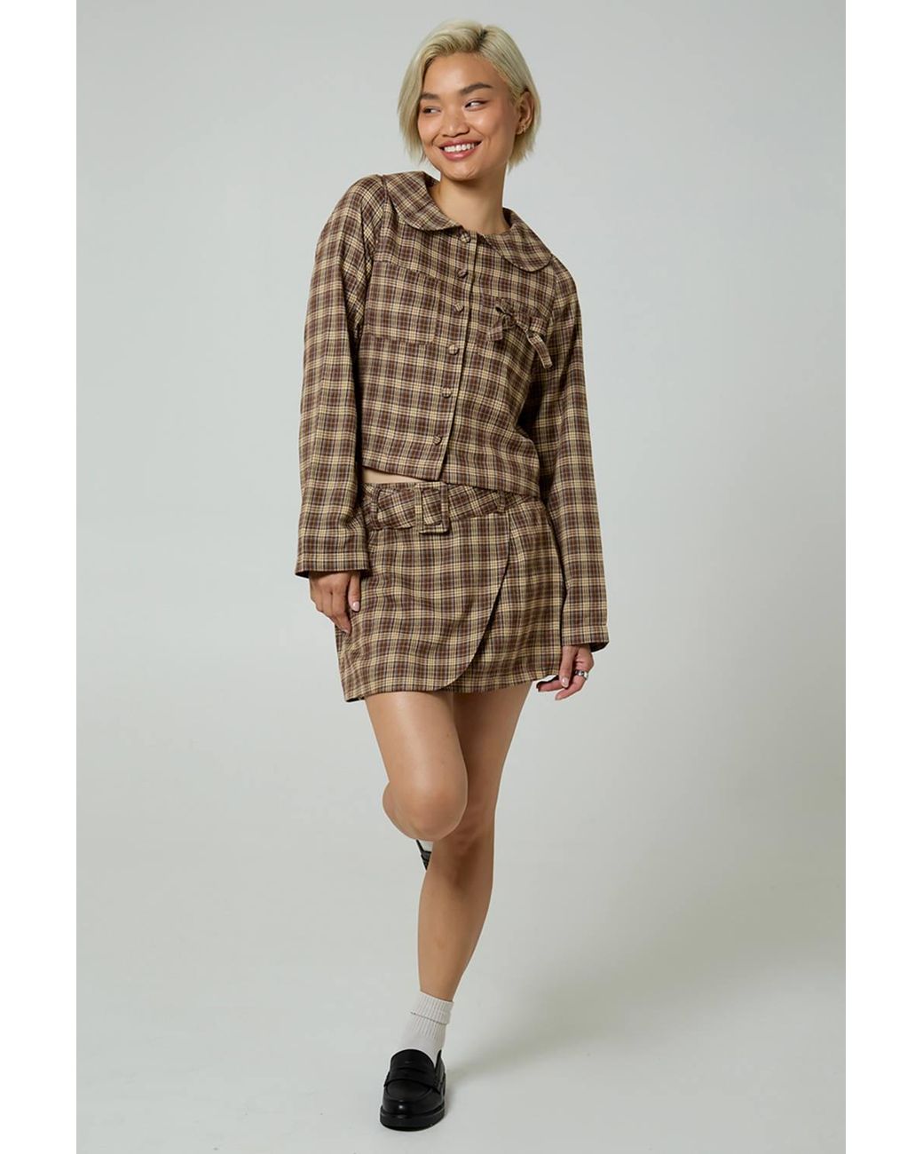 Neon Rose Brown Plaid Check A-Line Wrap Front Mini Skirt