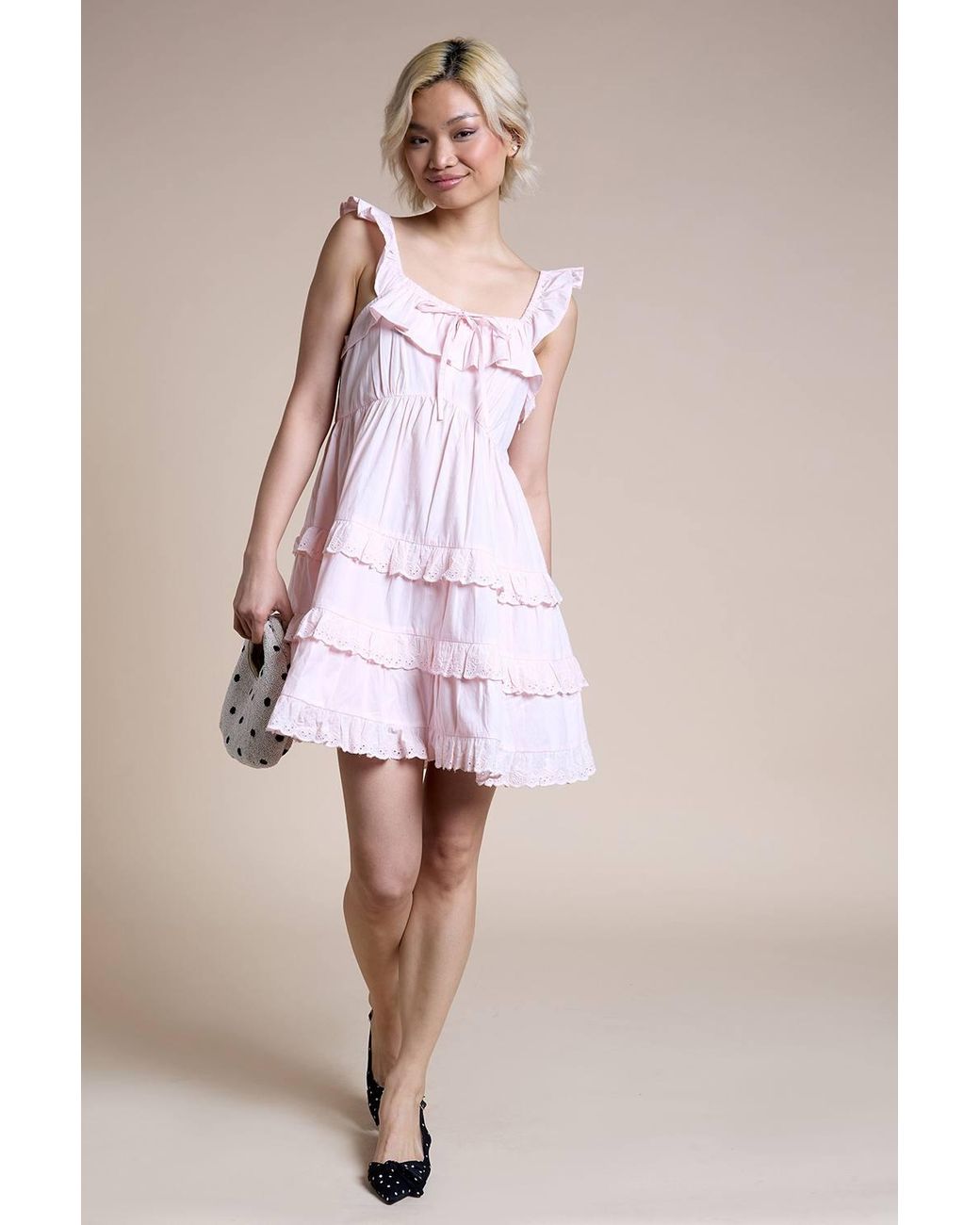 Neon Rose Pink Cotton Ruffle Tiered Mini Dress