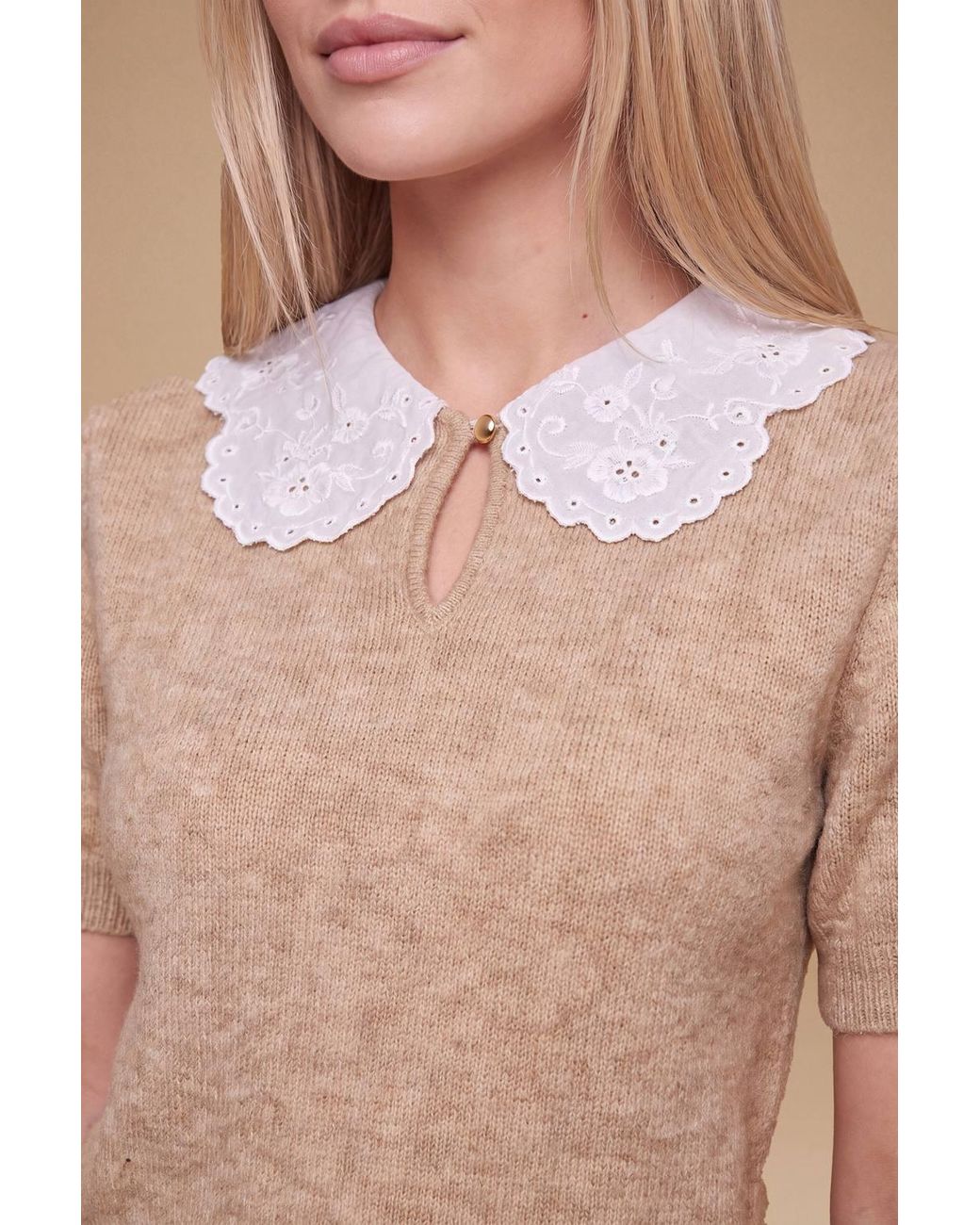 Dorothy Perkins Blue Broderie Woven Collar Detail Crop Knitted Top