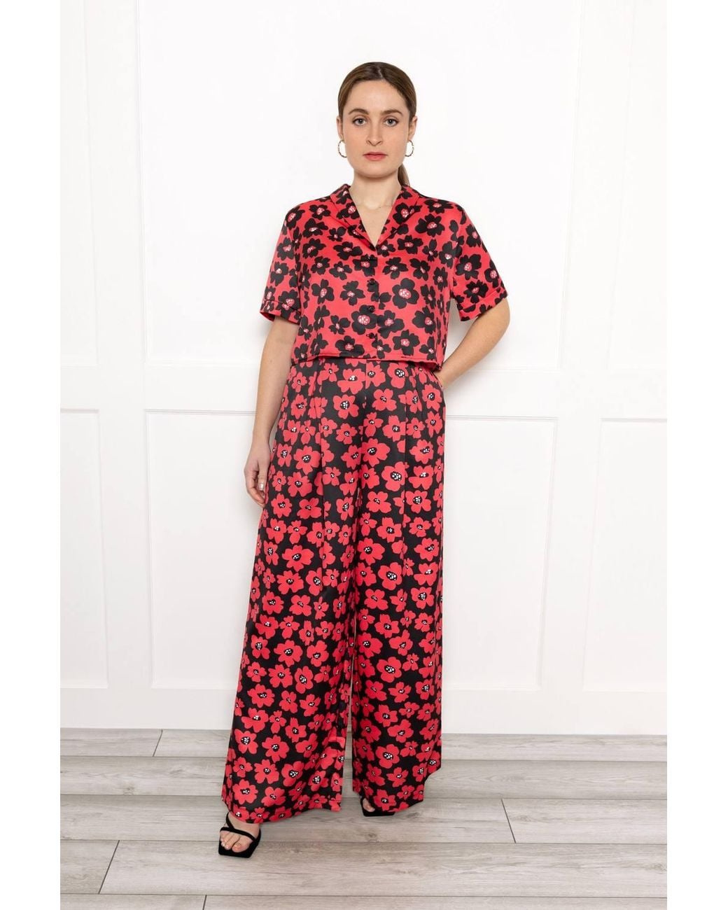 Twisted Wunder Red Adele Floral Print Wide Leg Trousers