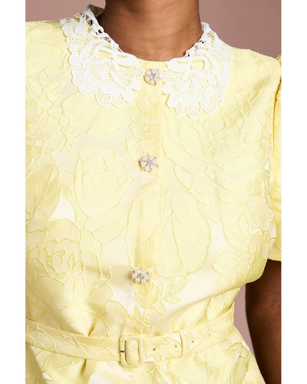 Coast Yellow Puff Sleeve Collared Jacquard Midi Dress