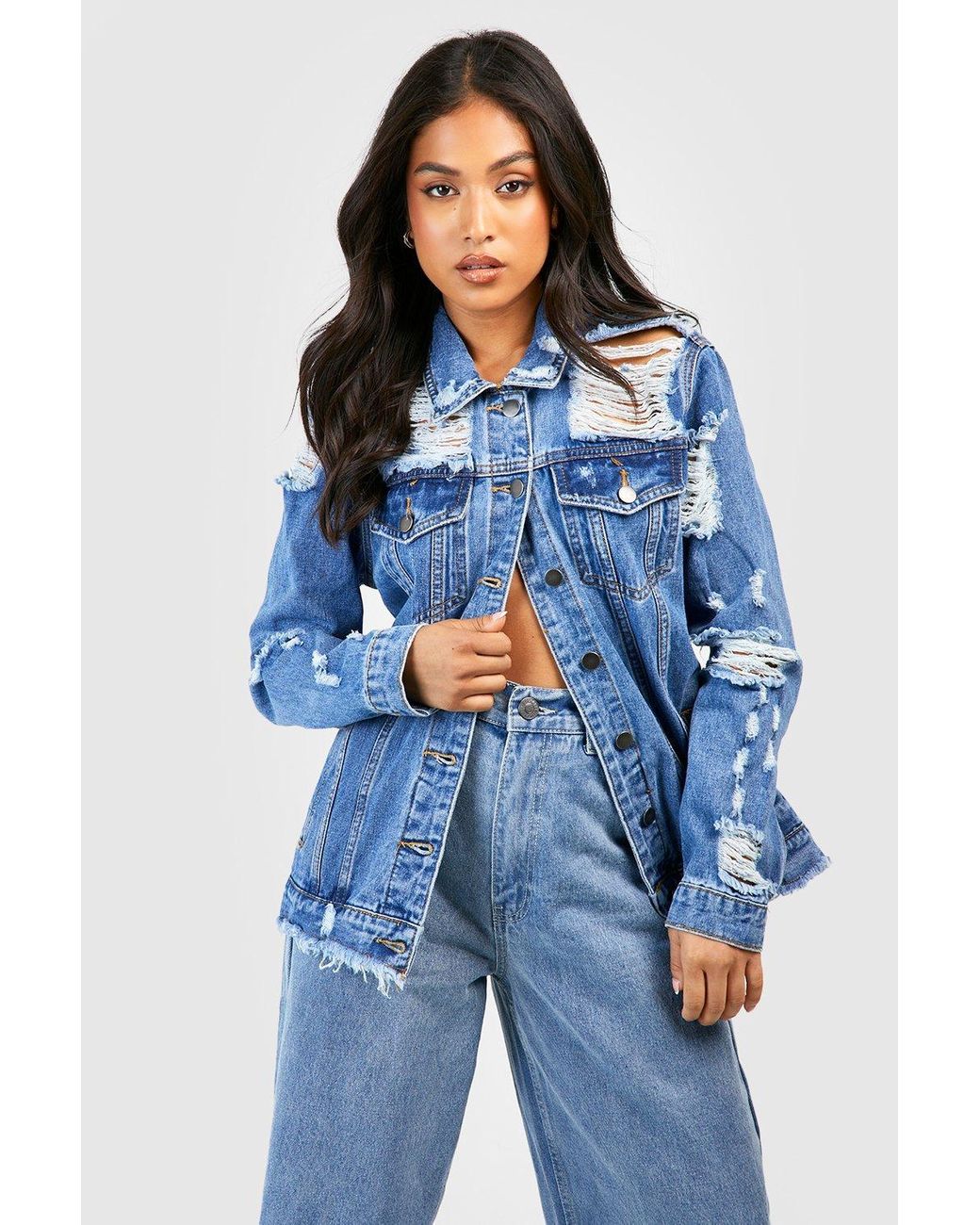 Boohoo Petite Distressed Oversized Jean Jacket in Blue Lyst UK