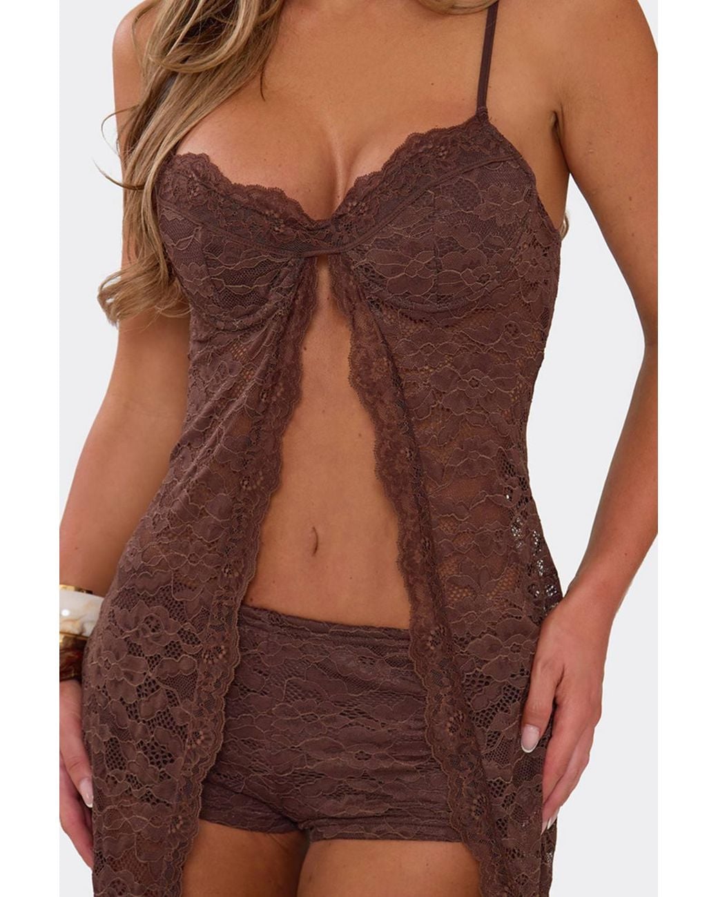 EGO Brown Strappy Sweetheart Neckline Split Front Lace Top