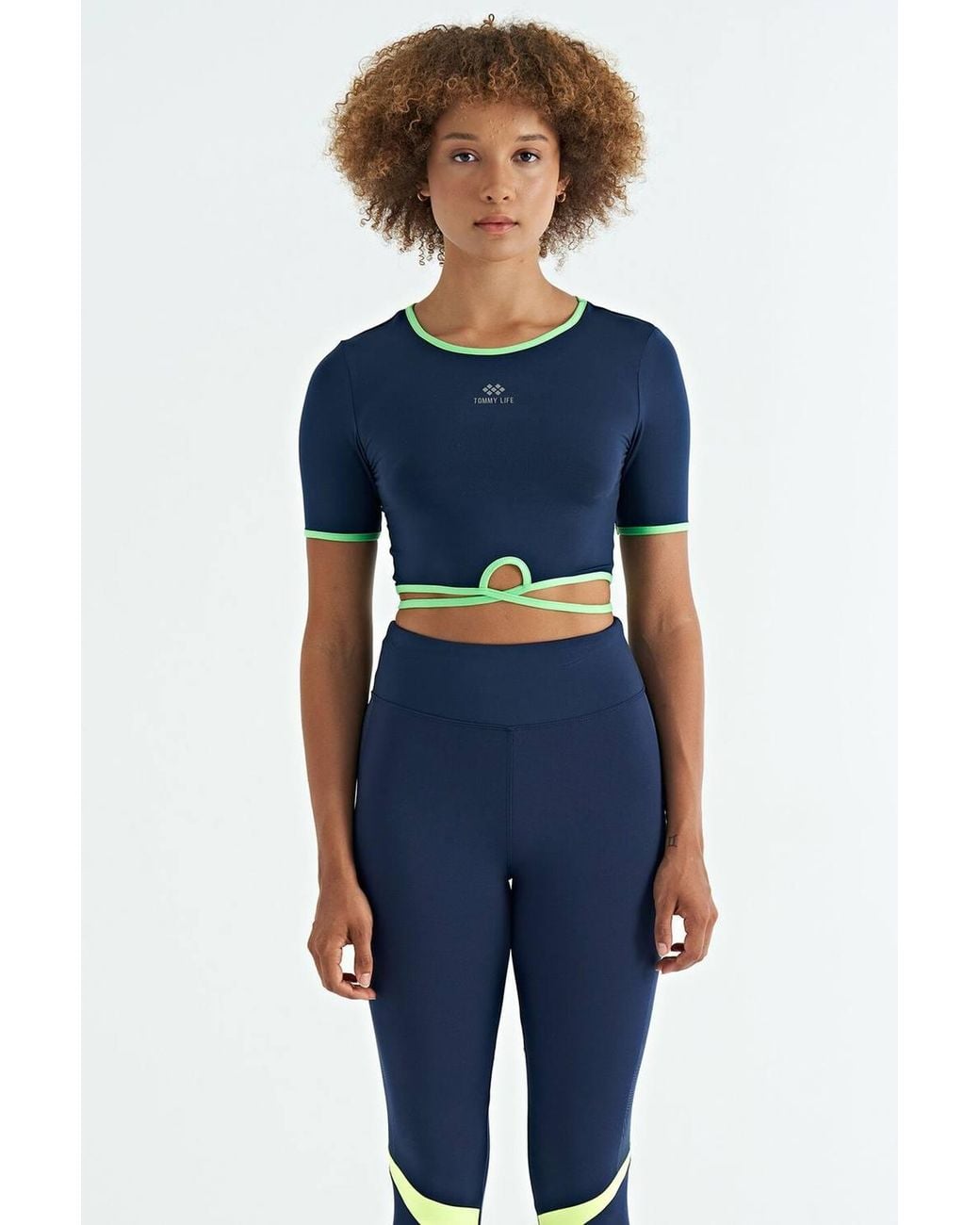 TOMMY LIFE Blue Elastic Crop T-Shirt With Crew Neck