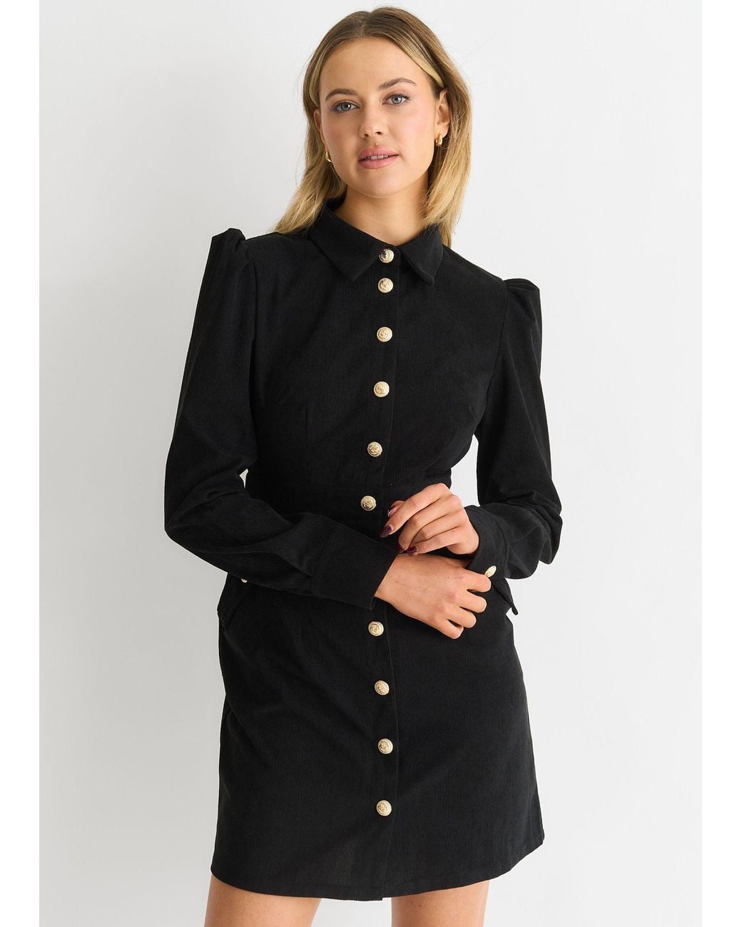 Gini London Black Corduroy Mini Shirt Dress