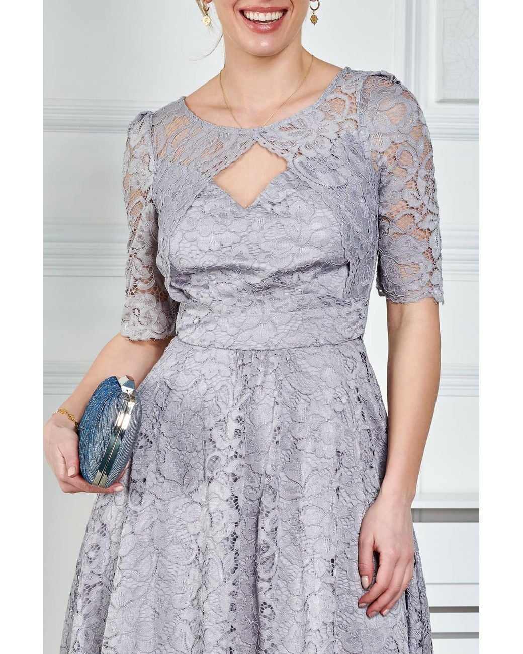 Jolie Moi Gray Fit & Flare Lace Midi Dress