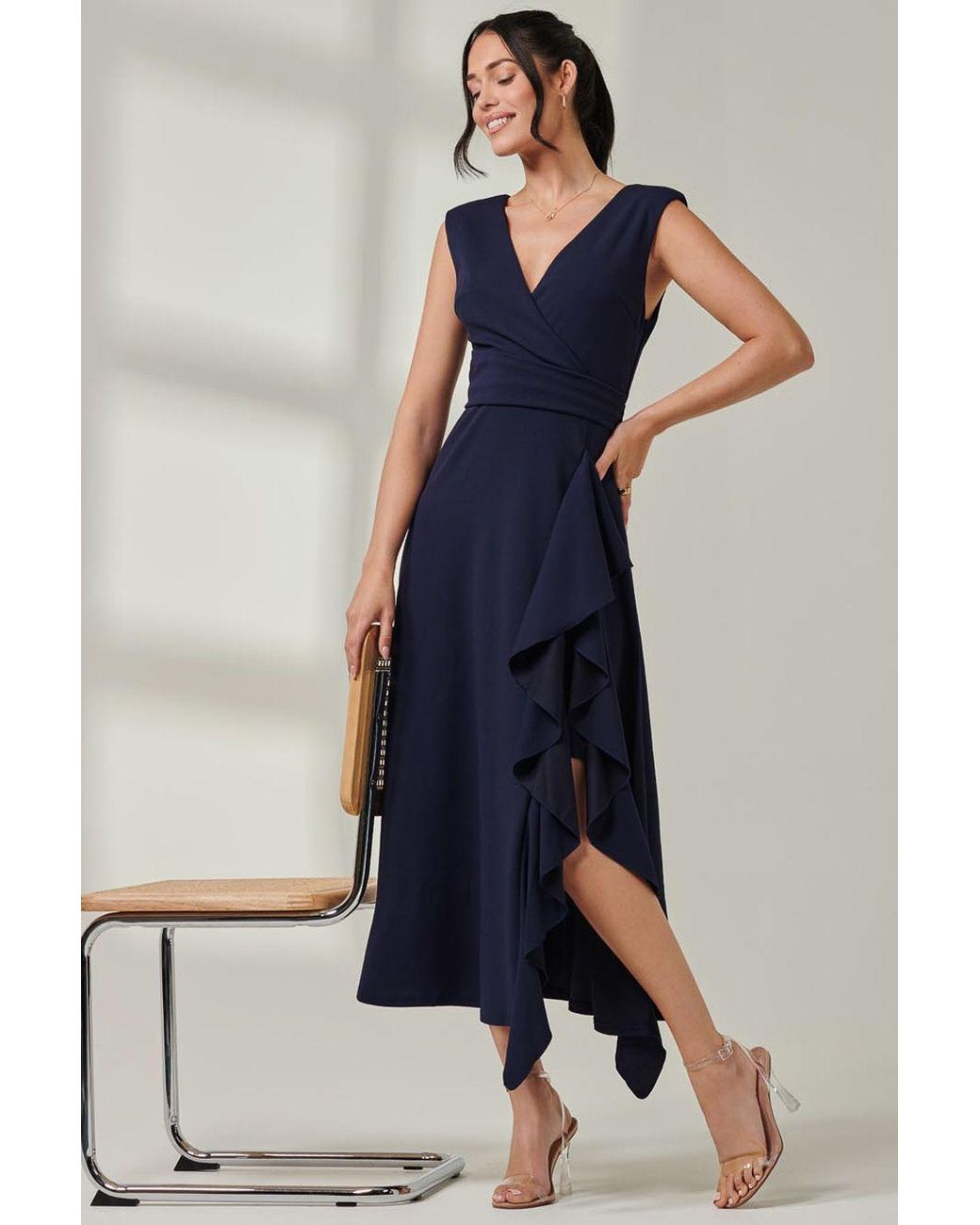 Jolie Moi Blue Wrap Front Frill Detail Maxi Dress