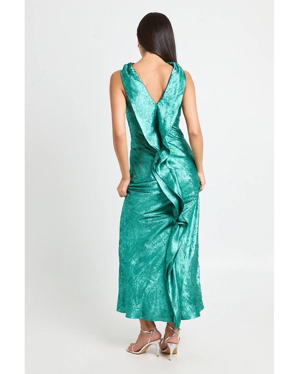 Warehouse Red Liquid Metallic Lame Draped Maxi Bias Dress