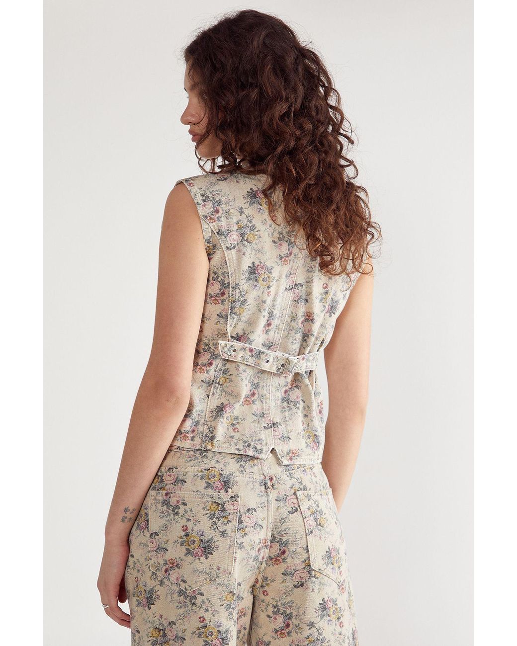 Nasty Gal Natural Floral Printed Denim Waistcoat