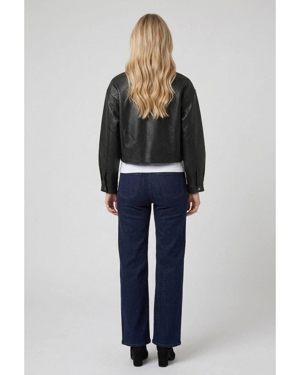 Izabel London Blue Faux Leather High Neck Cropped Jacket