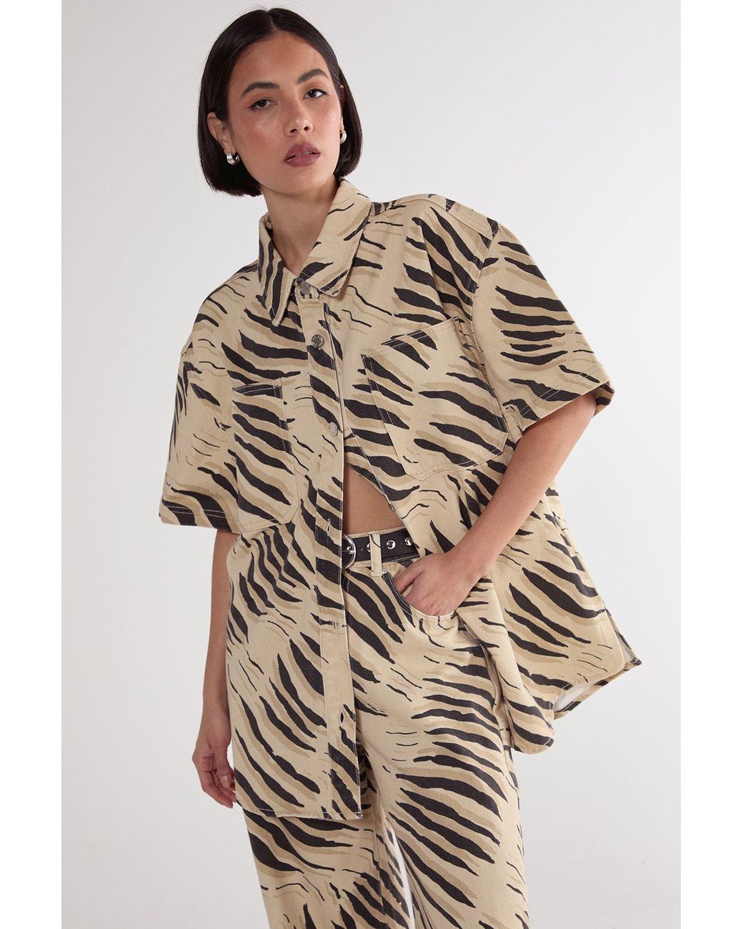 Nasty Gal Brown Tiger Print Short Sleeve Denim Shirt