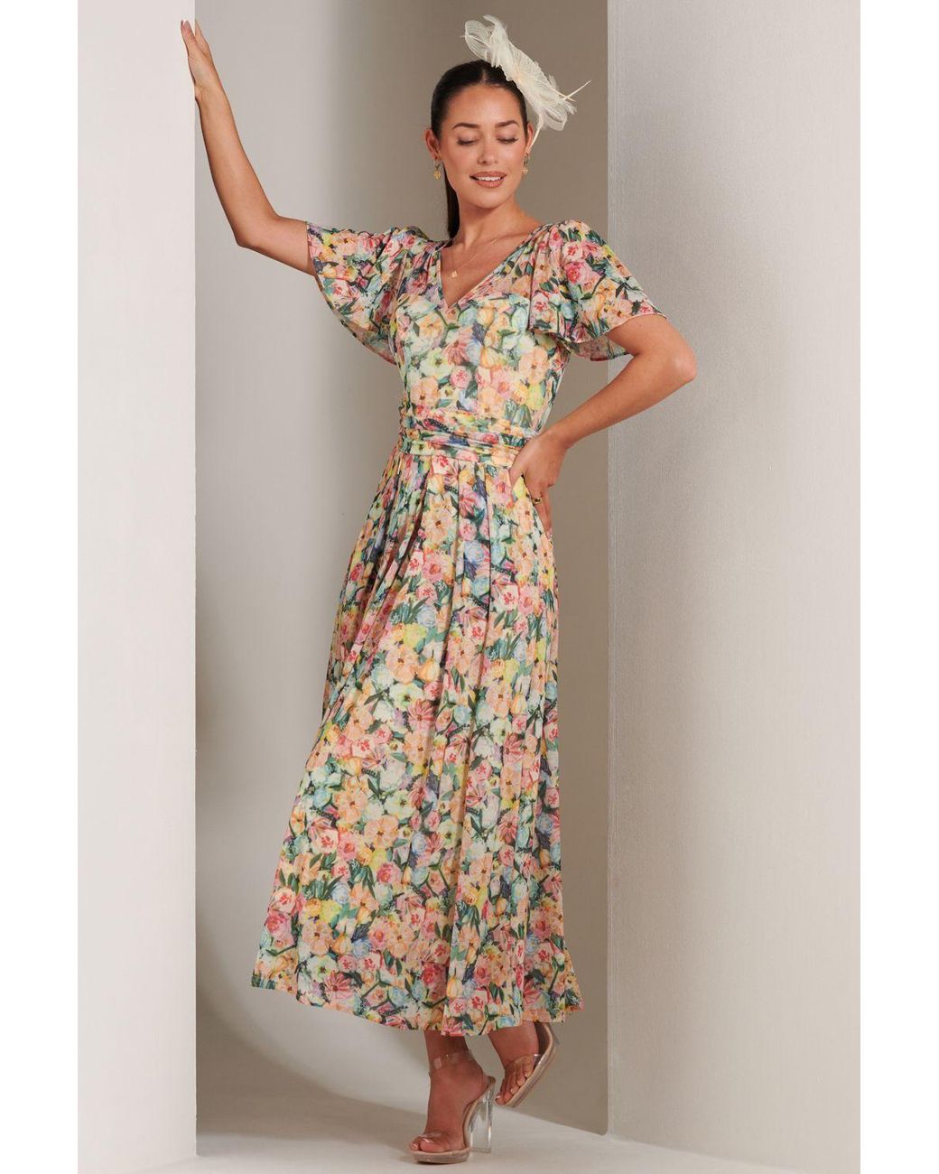 Jolie Moi Natural Bianca V-Neck Pleated Mesh Maxi Dress