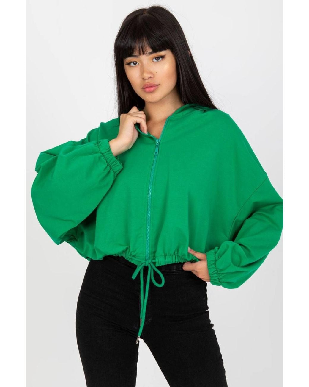 Love Lace Green Zip Hooded Short Sweatshirt Tie Hem Long Sleeves