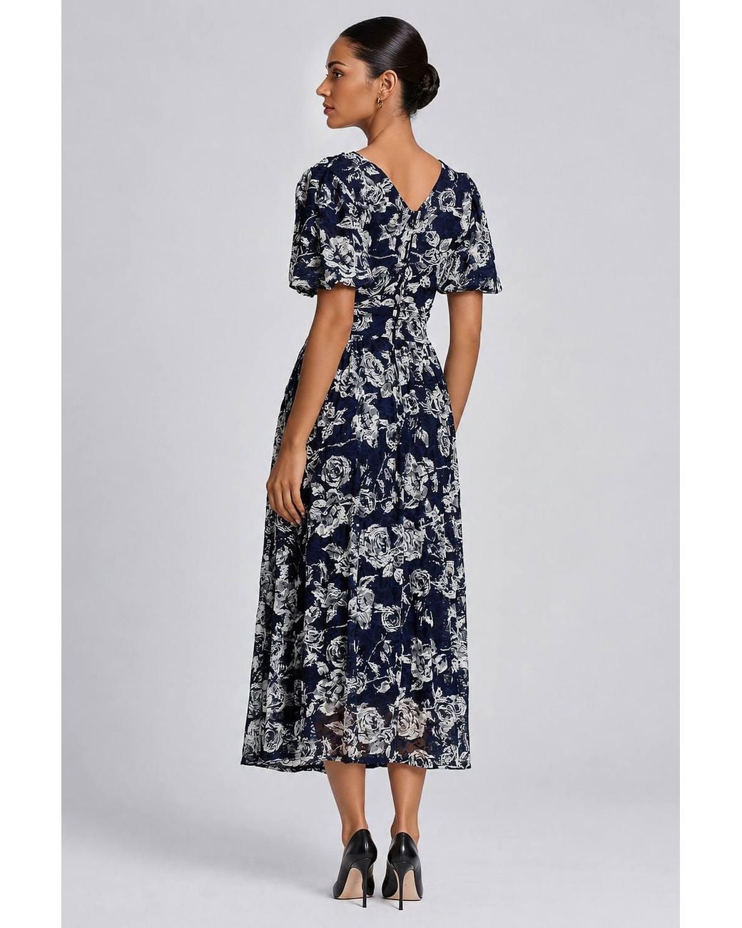 Jolie Moi White Puff Sleeve Printed Lace Maxi Dress
