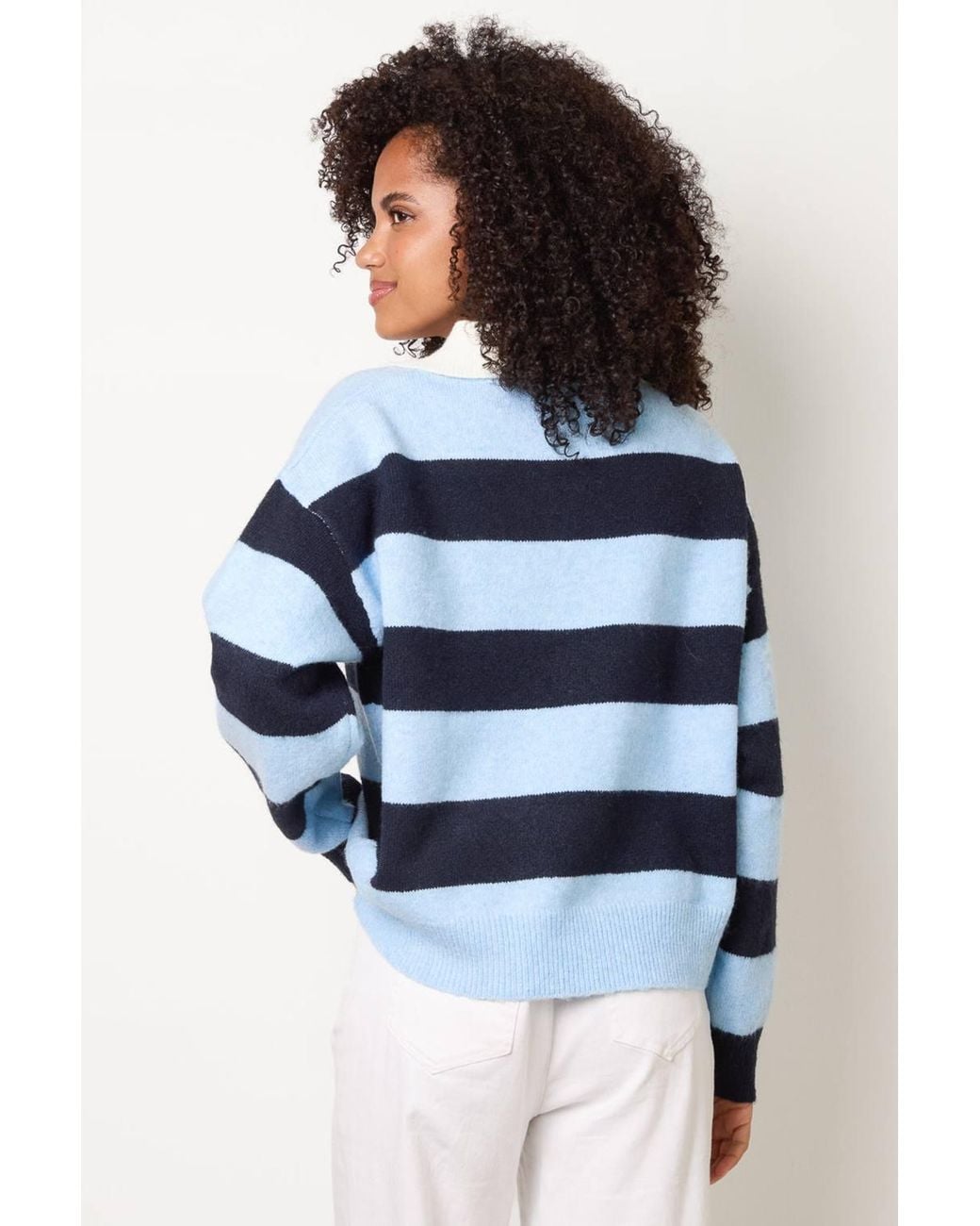 Blue Vanilla White Long Sleeve Button Up Collar Jumper
