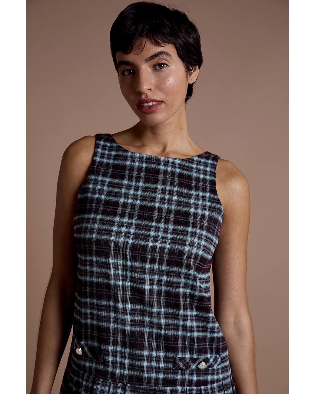 Neon Rose Blue Tartan Check Pleated Mini Pinafore Dress