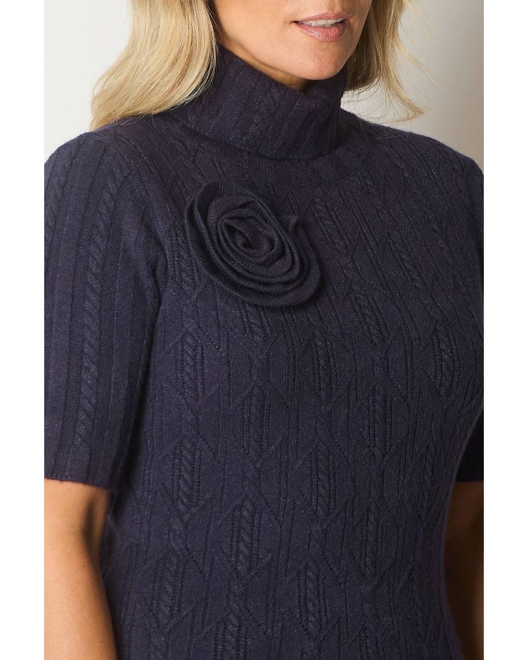 Solo Blue Knit Turtleneck Dress With Rosette Detail
