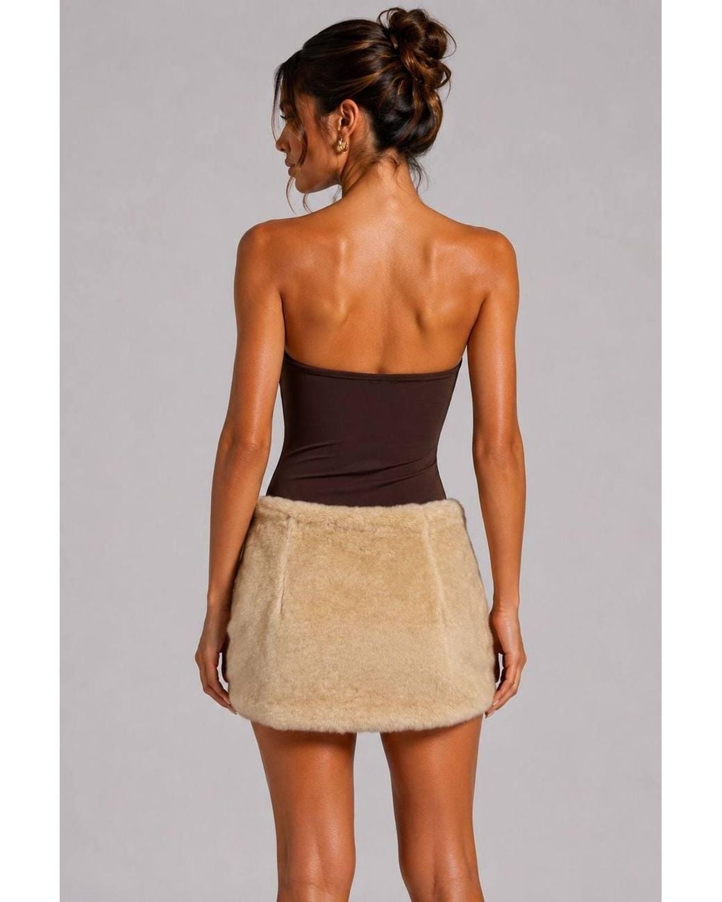 Stylewise Brown Faux Fur Ruched Mini Skirt