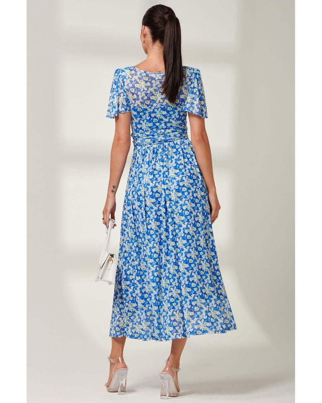 Jolie Moi Blue Bianca V-Neck Pleated Mesh Maxi Dress