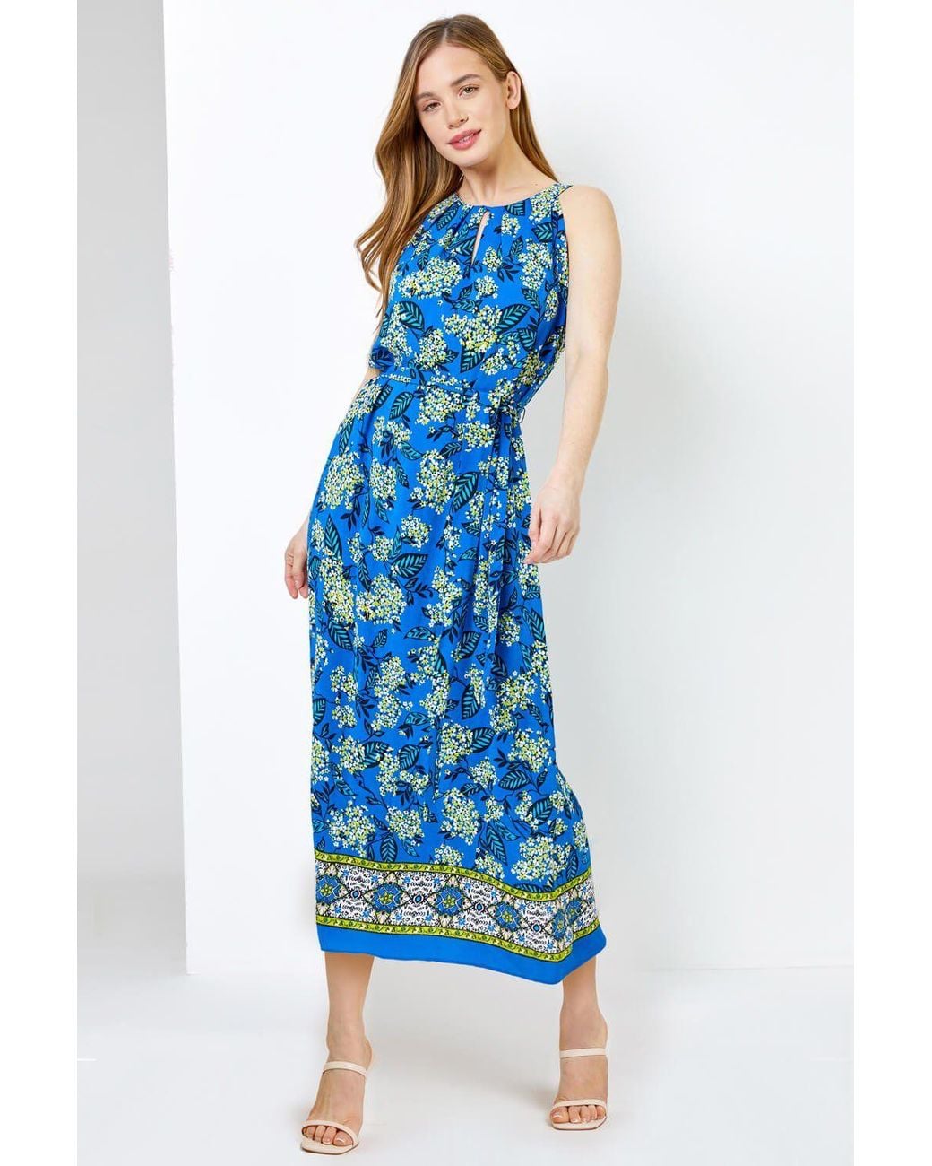 Roman Blue Petite Floral Print Halter Neck Dress