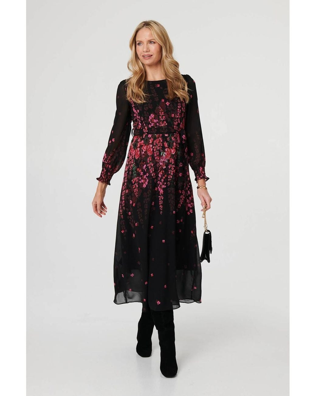 Izabel London Black Floral Tie Waist Sheer Layer Maxi Dress