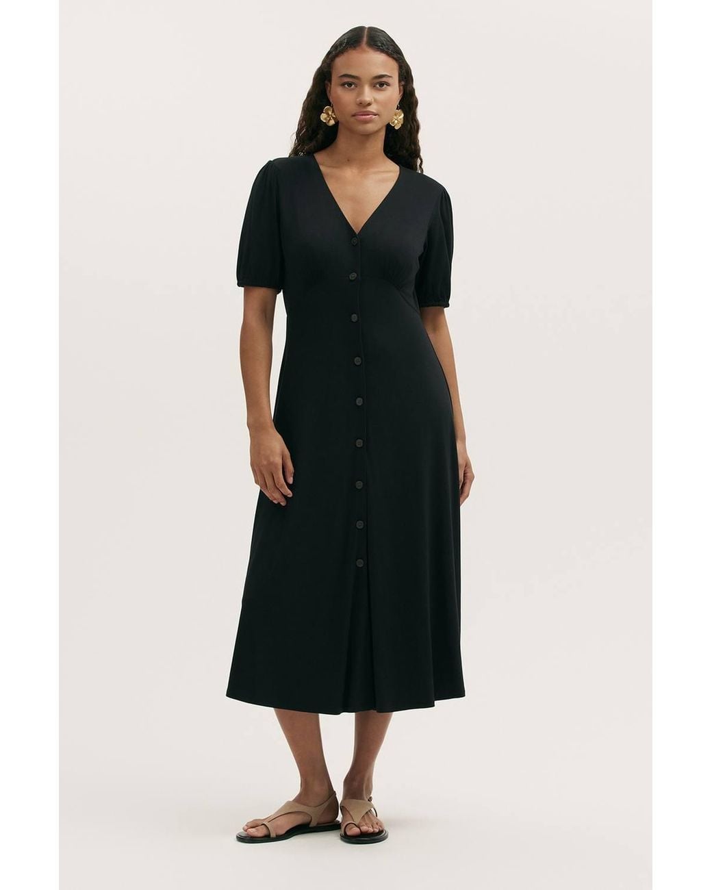 Finery London Black Milena Button Front Midi Dress