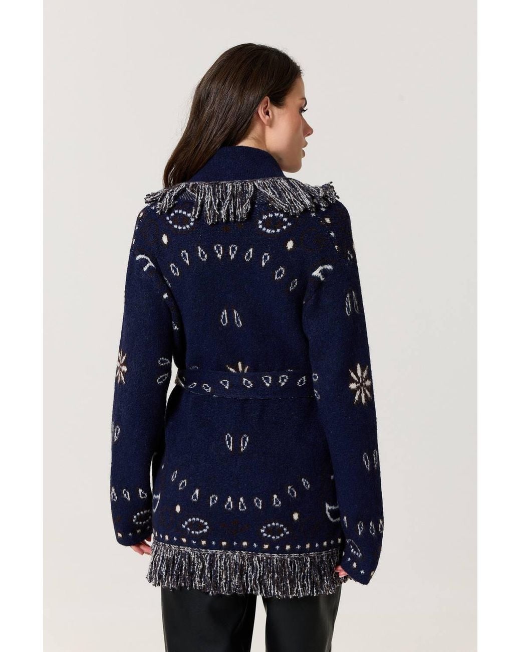 Liquorish Blue Paisley Fringe Wool Blend Cardigan